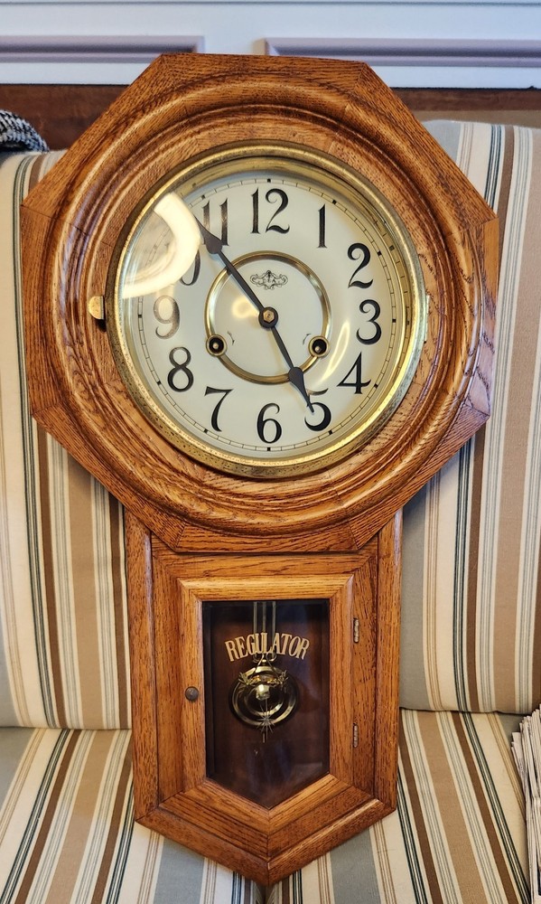 Functioning Vintage DEA Schoolhouse Regulator Wall Clock chiming with pendulum
