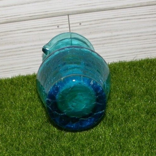 Old~ 4-3/8" Blue Hand Blown Crackle Glass Pitcher & Clear Handle ~ Unknown Maker