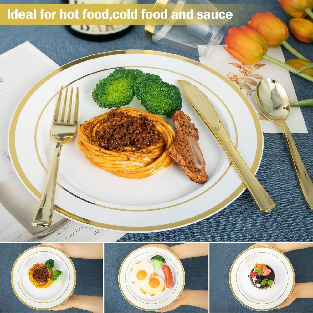 Disposable Plastic Plates Gold Dinnerware Set 600 PCS 100 Dinner Plates Dessert