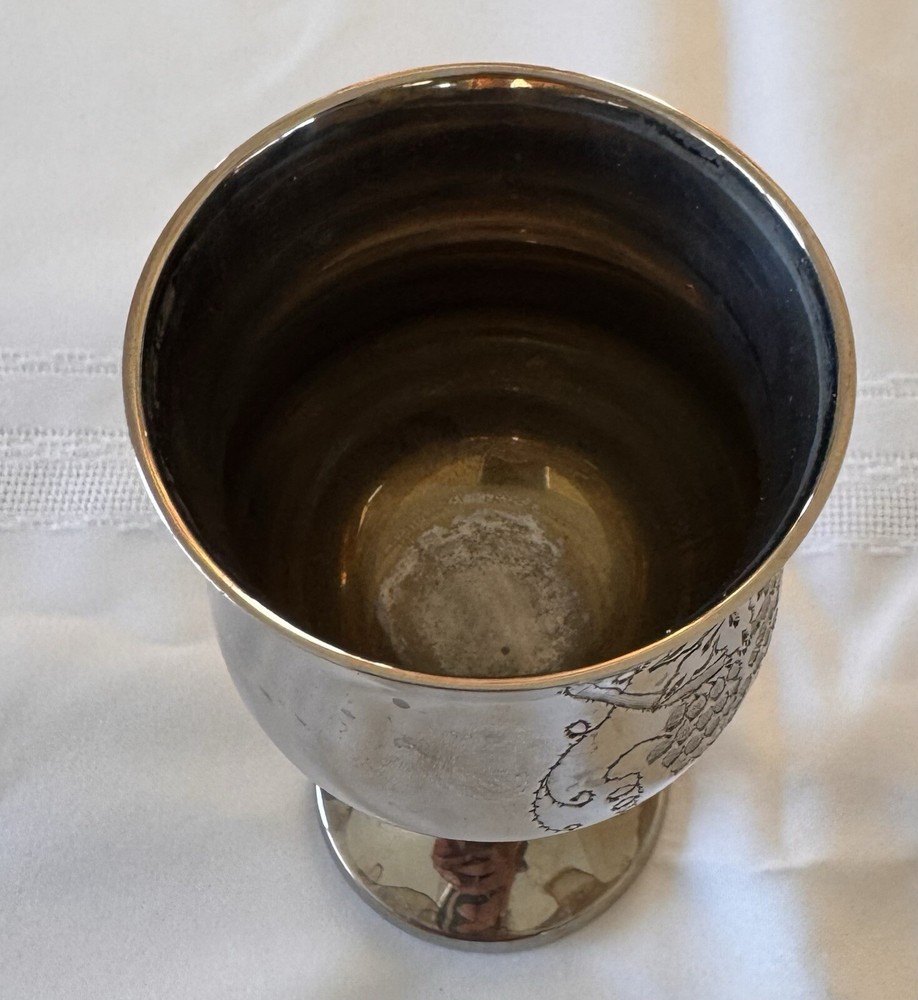 Silver tone Kiddush Cup Etched Grape Cluster Design 6" Tall x 2.9" wide