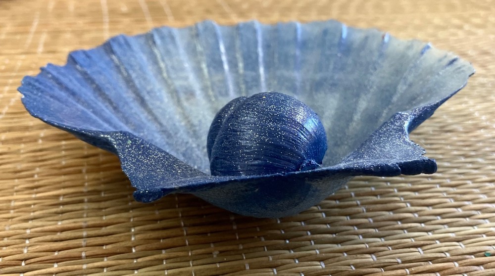 Handpainted Real Scallop SHELL, Ring Coins Trinket DISH, Blue & Silver, Glitter