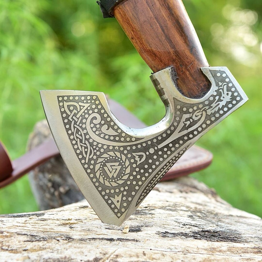 Tomahawk , Hatchet , Axe , Viking Throwing Axe Etching Head Leather Wrap Handle