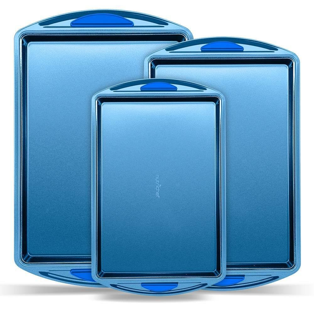 NutriChef 3 Pcs. Kitchen Oven Baking Pans- Deluxe Nonstick Blue Diamond Coating