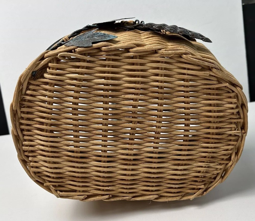 Wicker Basket Flat Bottom Top & Handle Sponged Leaf Shaped Metal On Front