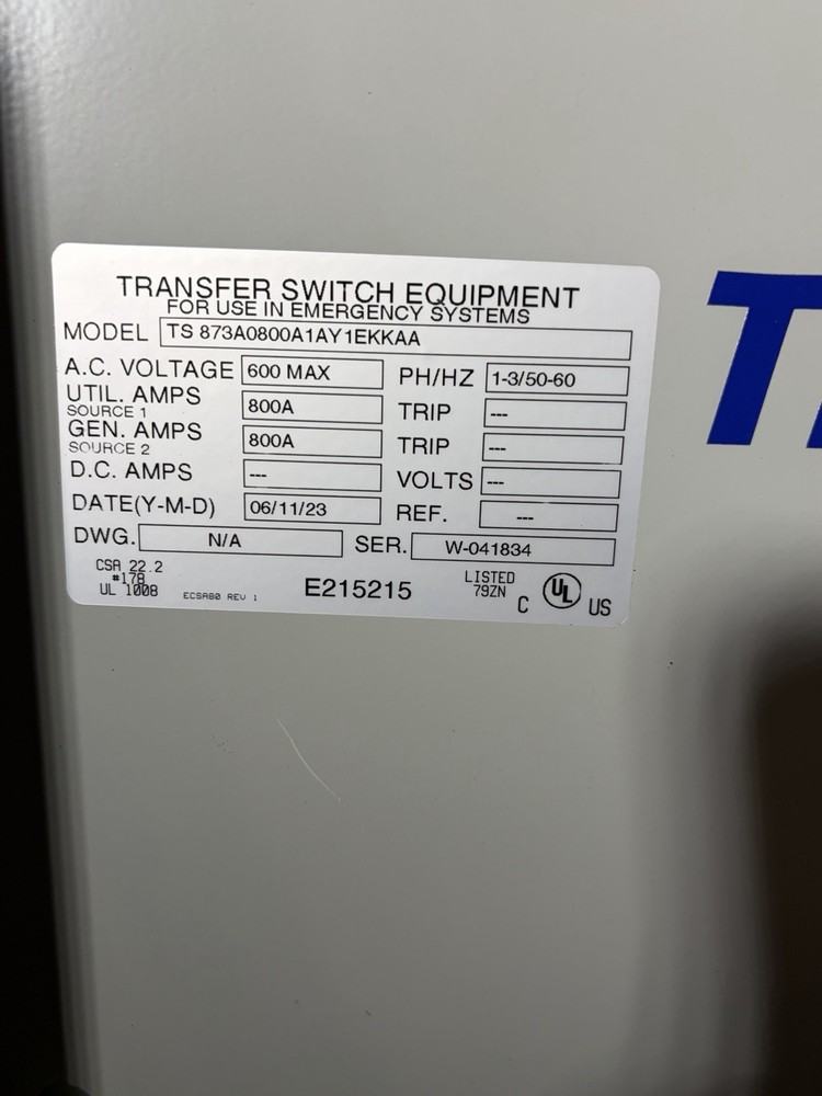 Thompson Technology Automatic Transfer Switch TS 873A0800A1AY 1EKKAA 600V 800A