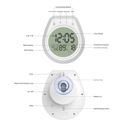 Shower Clock Waterproof, Bathroom Clock with Temperature & Shower Timer, White