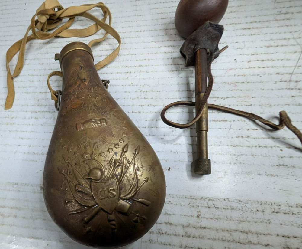 Antique Brass U. S. Powder Horn & Muzzleloader 7' Long