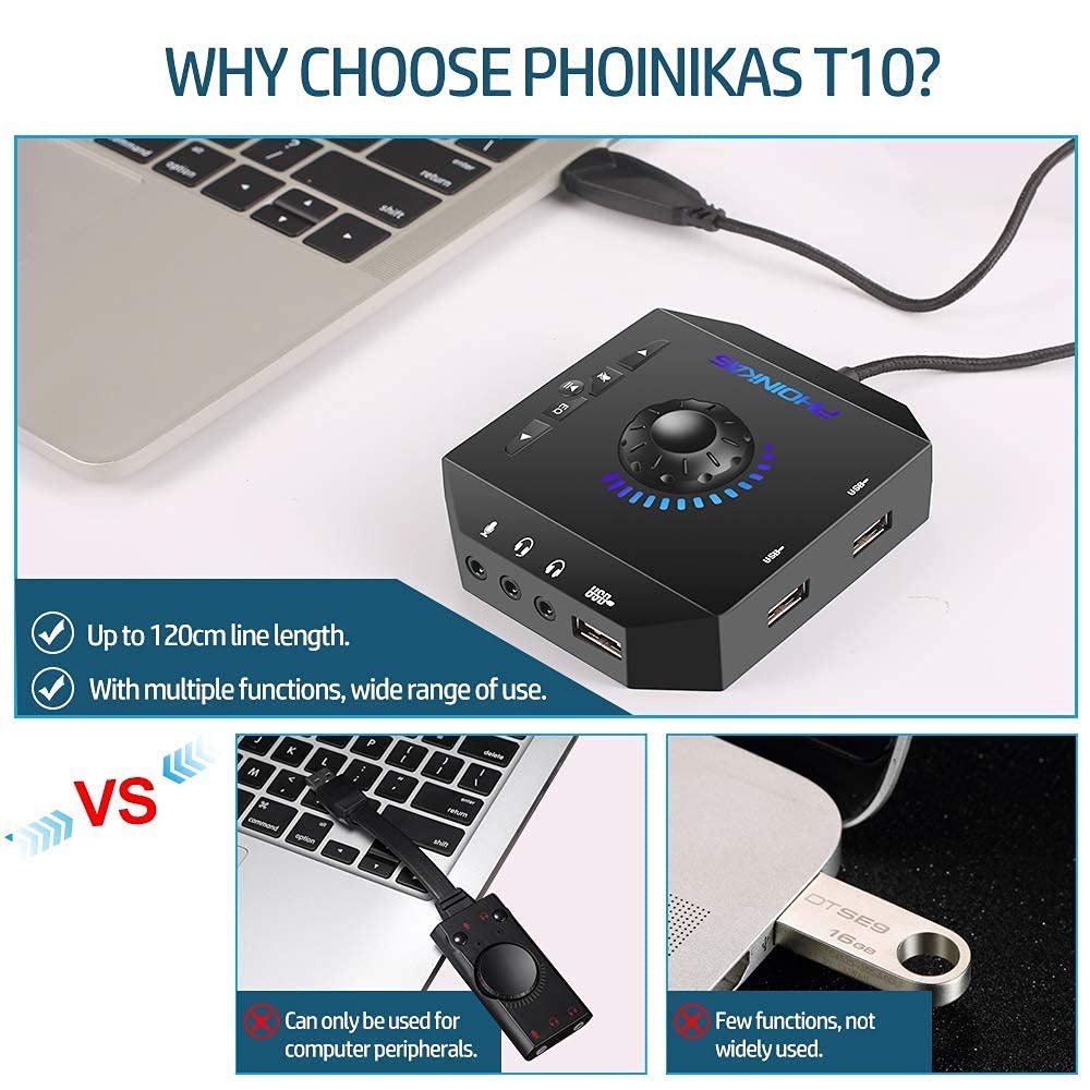 T10 External Sound Card USB Audio Adapter PC Windows Mac Linux Stereo 3.5mm
