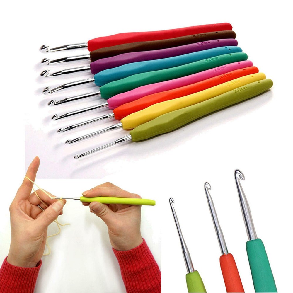 Crochet Hook Set 9Pc Soft Grip Ergonomic Aluminium Hooks 2mm-6mm Colour Coded