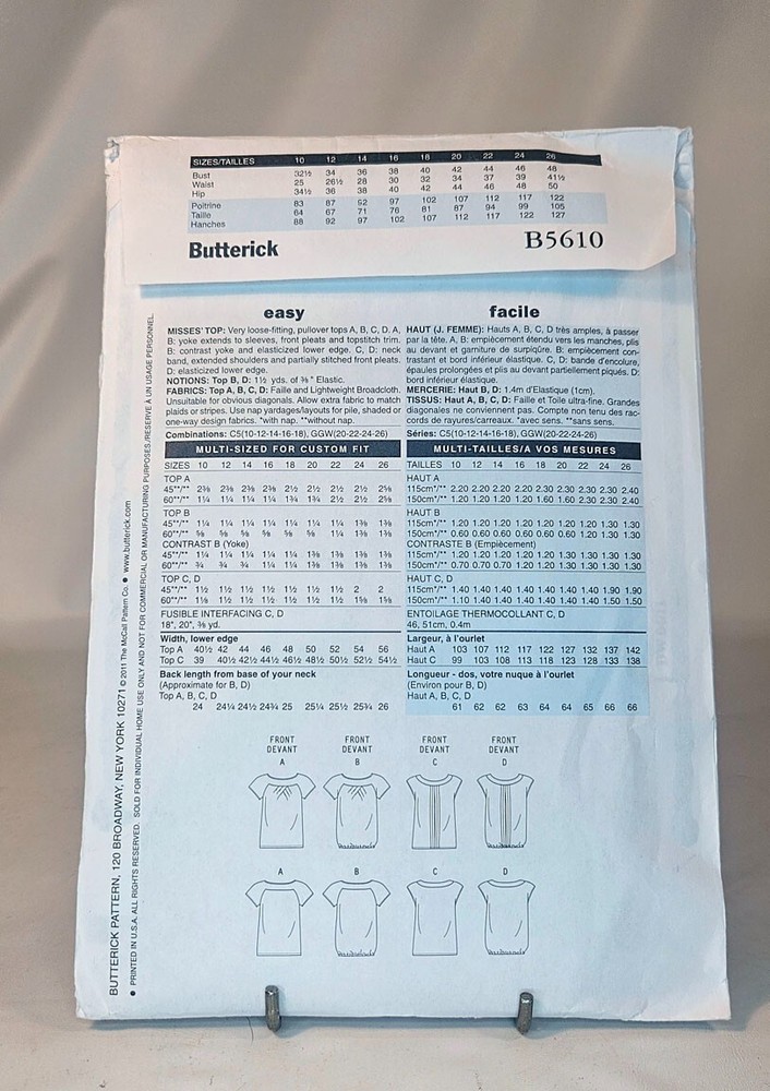 Pattern Misses Easy Tops Front Variations Size 10-18 Butterick B5610