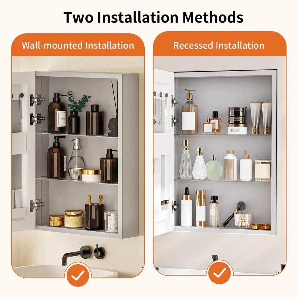 20x28" Medicine Cabinet Mirror with Storage Recessed/ Surface Mounted Adjustable