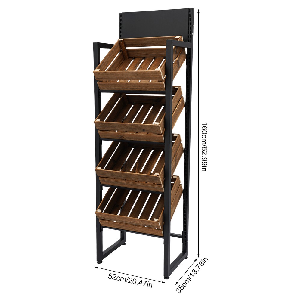 Market Retail Display Rack, Wood Fruit Vegetable Storage Rack Fruit Basket Stand