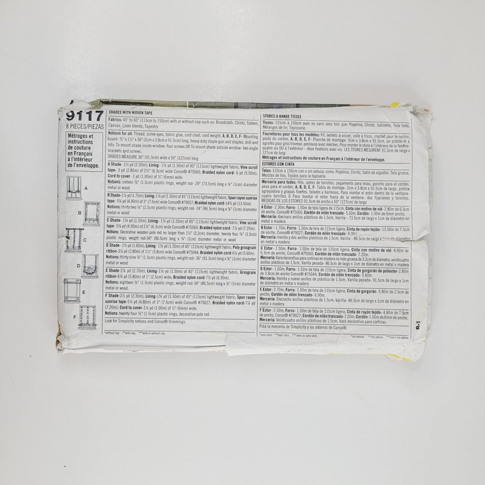 Simplicity Home Sewing Pattern Uncut 9117 Window Shades with Woven Tape Lang UC