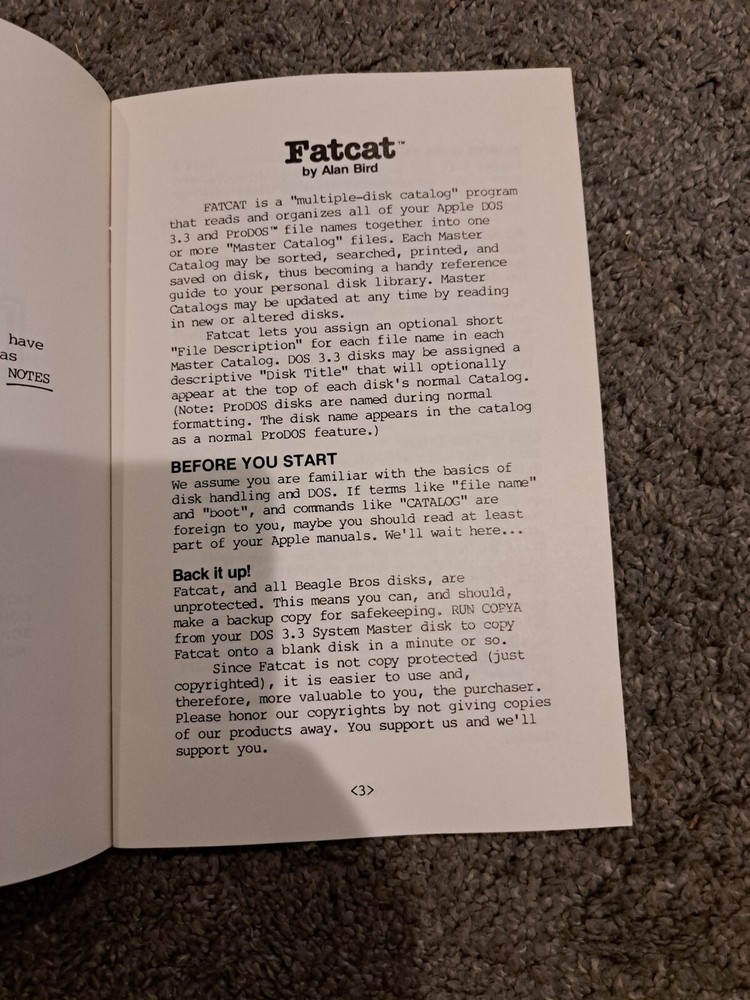 Beagle Bros Micro Software FatCat Apple Disk Library Program Alan Bird Manual