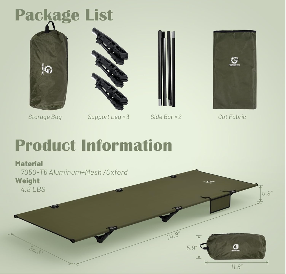 Go2Gether G2 Foldable 4 Pound Camping Cot with Travel Bag, Green