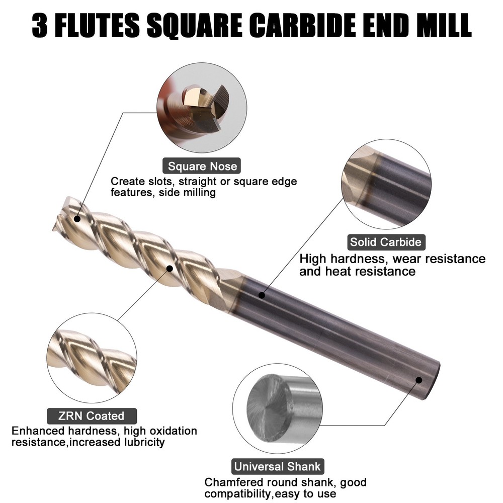 2Pcs 3 Flute 1/4" Solid Carbide End Mill - ZRN Coated for Copper Aluminum