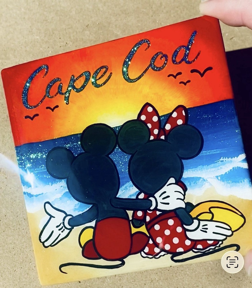 Hand Painted Cape Cod Sunset Mouse Couple Tile Coaster 4x4 Ocean Glitter