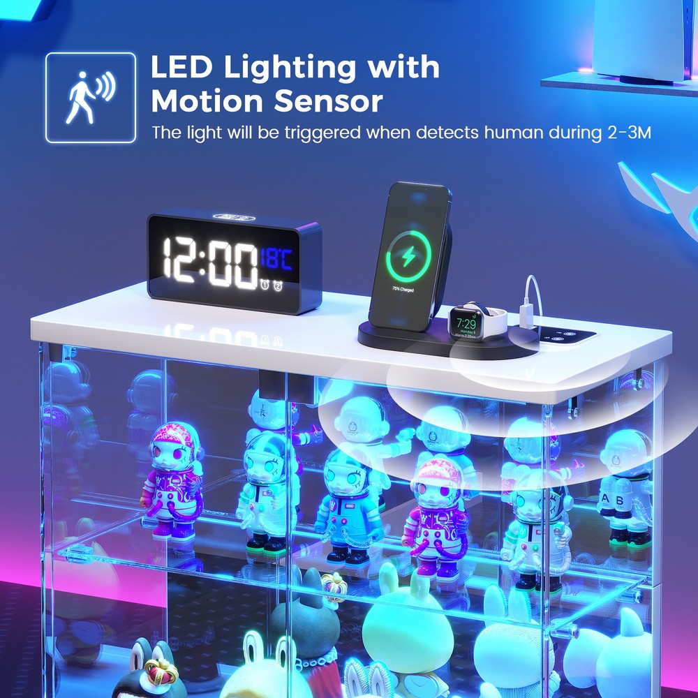 Gurexl Glass Display Case with Lights & Human Sensor, 2-Tier Clear Display Box