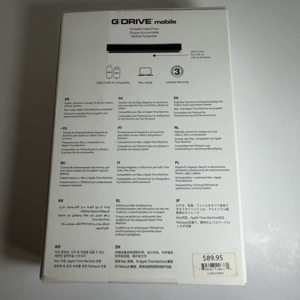 G Technology G-Drive Mobile 2TB USB 3.0 External HDD With Cord Silver