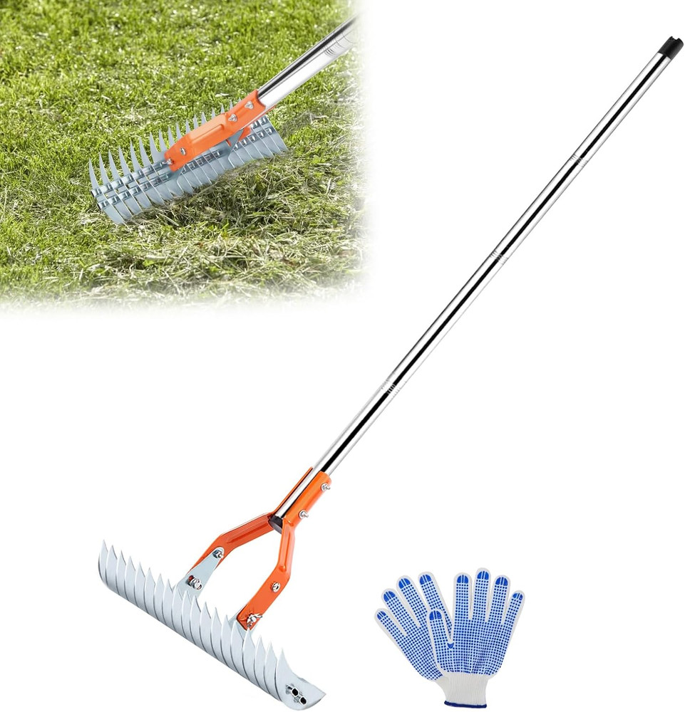 Thatch Rake, 15 Inch Lawn Thatching Rake, Heavy-Duty Dethatcher Rake with Gloves