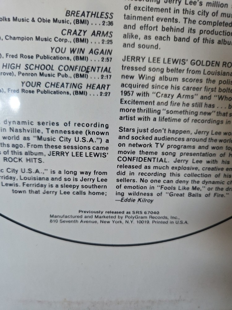 Jerry Lee Lewis Signed, Beckett Certified LP with COA