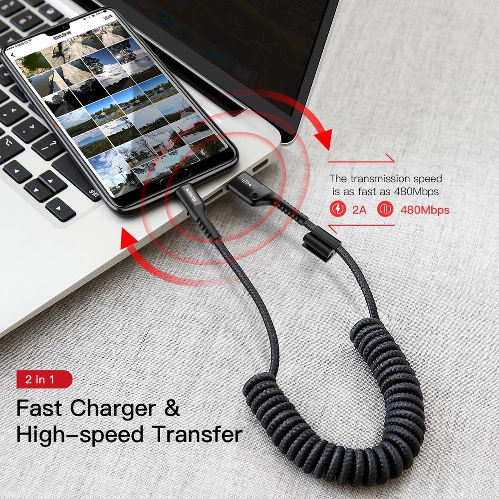 Baseus USB Type C Cable for Car, Retractable Cable(3FT) Curly 3.3ft, Black