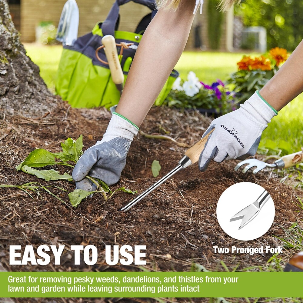 WORKPRO Weeder Puller Tool Wood Handle 2-Pronged Fork Weed Remover Tool Polished