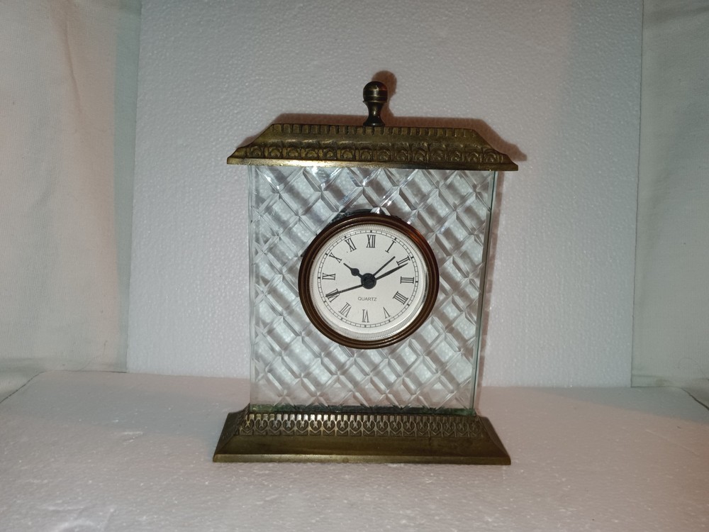 Glass And Brass Quartz Mantle Clock