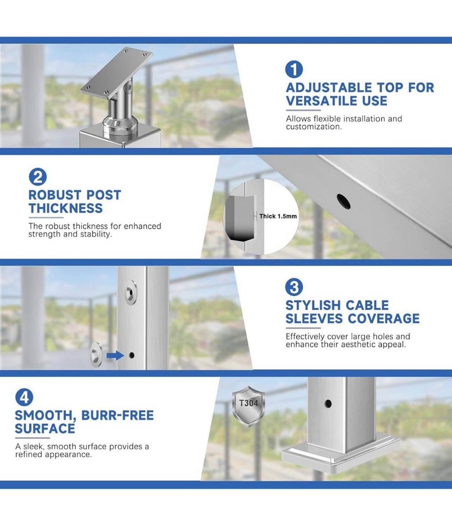 36" One-Stop Cable Railing Post Kits, 4Pack Brushed Finish Level Drilled Line...