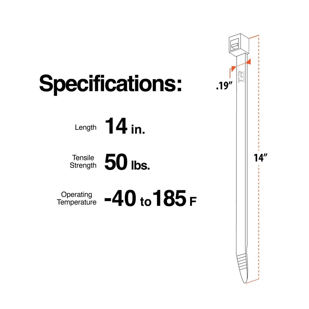 Multi-Purpose UV Resistant Black Cable Ties, 14 inches, 100 Pack