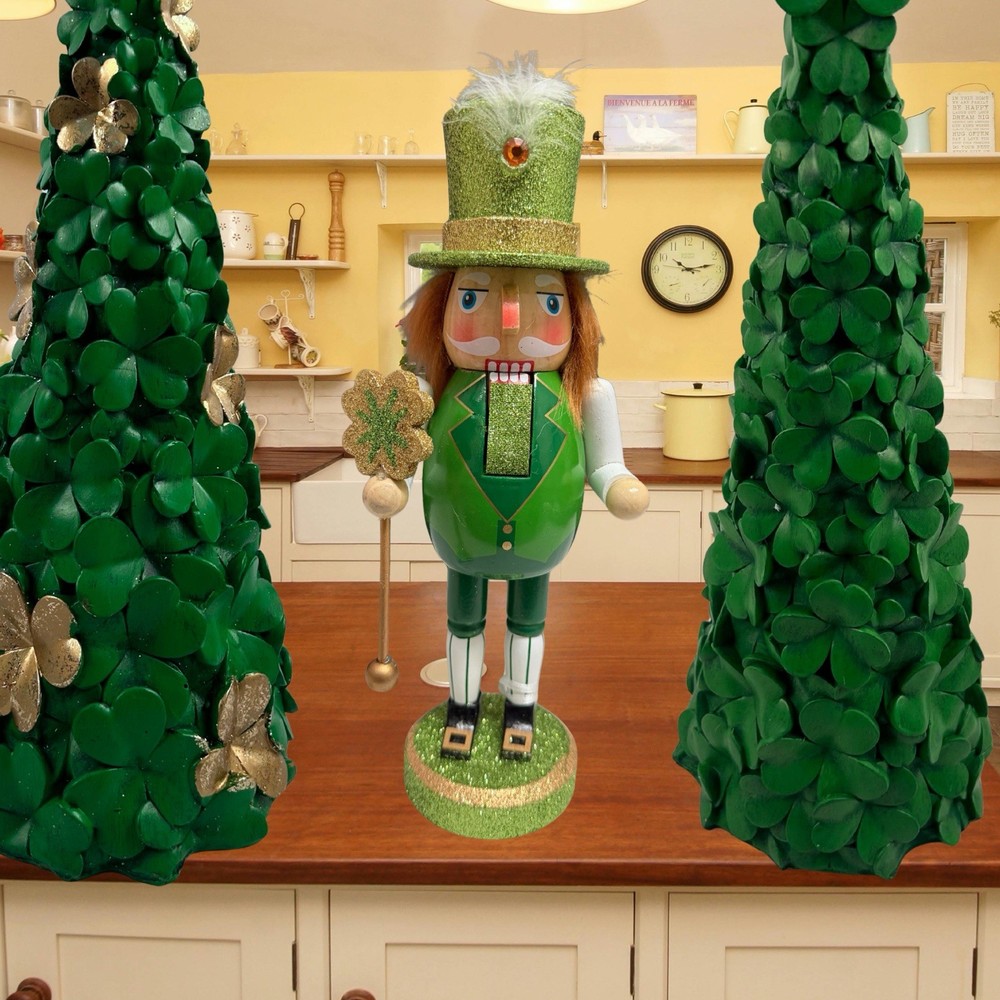 St. Patrick's Day Nutcracker 10" Leprechaun /Glitter Accented Holding a Scepter