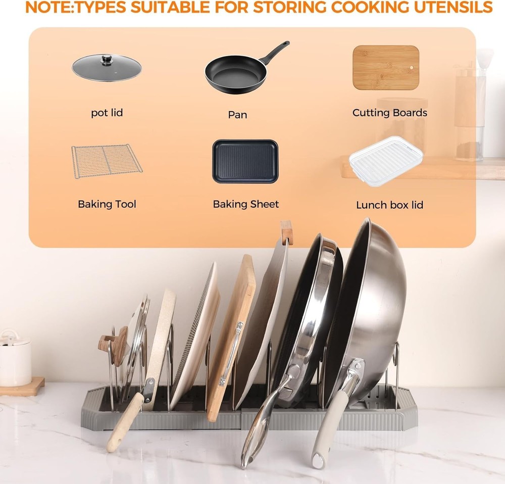 Adjustable Pot Lid Organizer Rack 9 Compartments Cabinet Storage Holder Pots