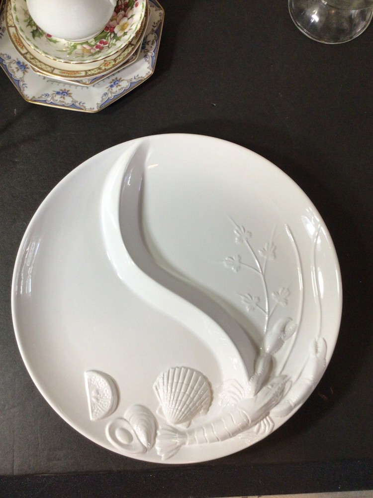 Elements White Ceramic Divided Platter with Seafood Motif