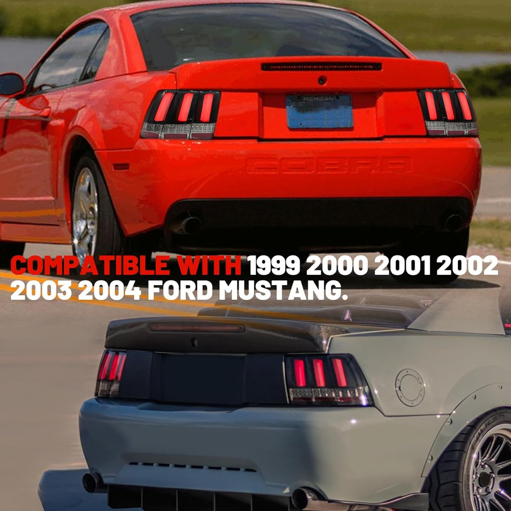 Tail Light Compatible with 1999-2004 Ford Mustang, Smoke Black Sequential LED Ba