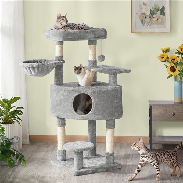 Multi-Level Cat Tree Plush Cat Condo Scratching Posts with Perch Basket