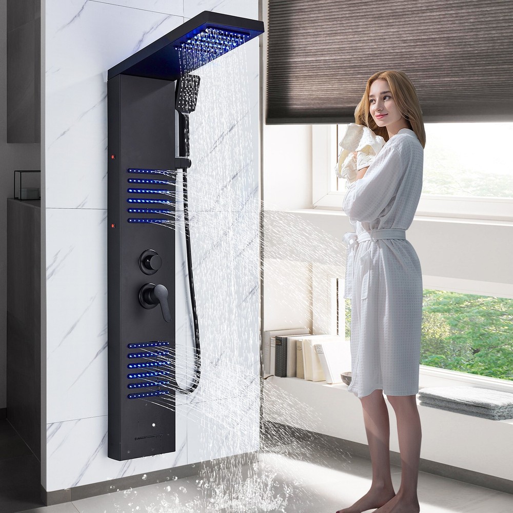 Black Shower Panel Tower System LED Rain Massage Shower Column Stainless steel