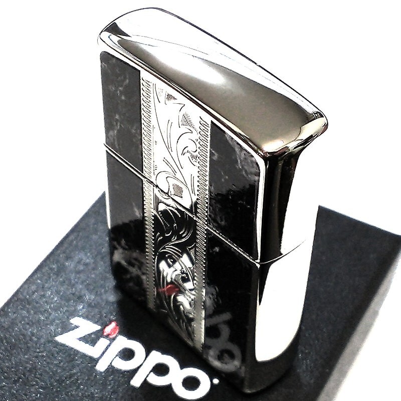 Zippo Lighter Marble Engrave Arabesque Silver Black Etching Regular Case Japan