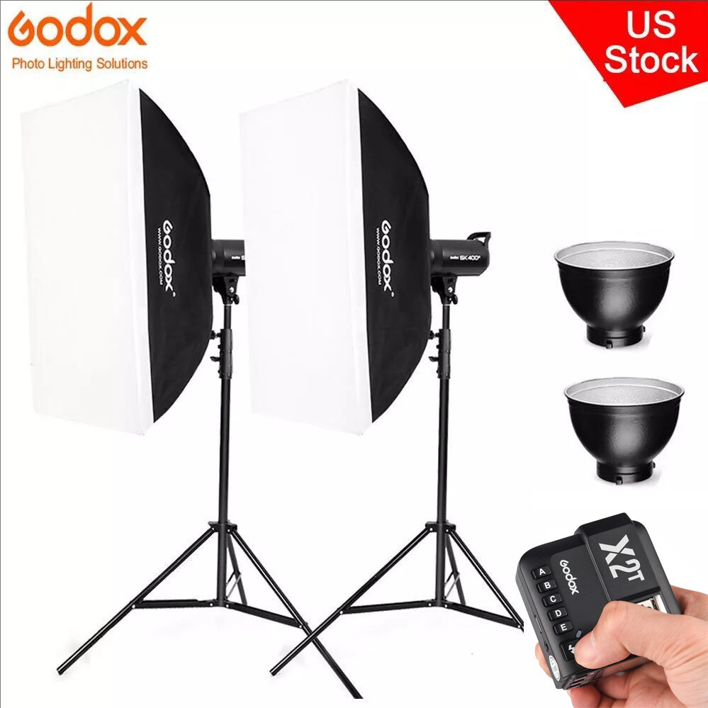 US 2*Godox SK400II Studio Strobe Flash+X2T Trigger+60*90cm Sofbox 2m Stand Kit