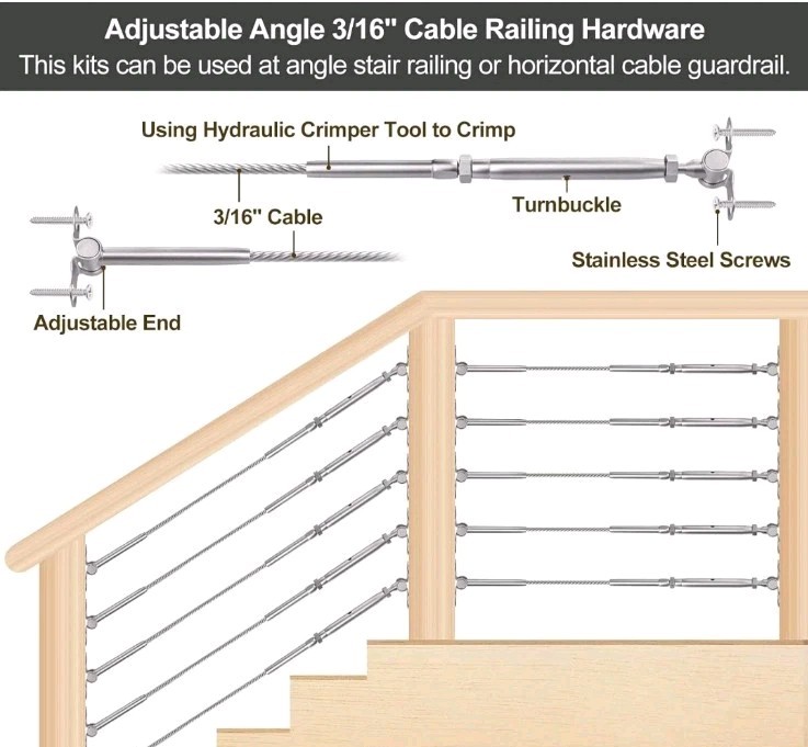 12 Pairs 3/16" Cable Railing Kits T316 Adjustable Angle Cable Railing Hardware
