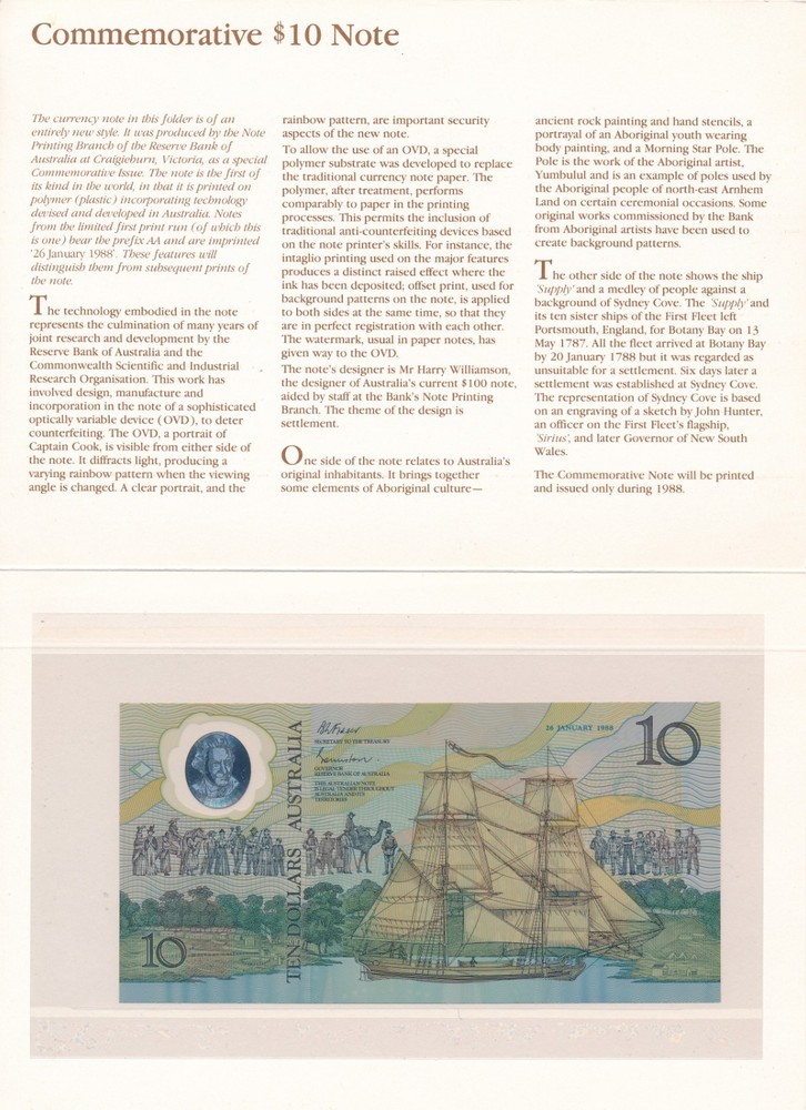 AUSTRALIAN 1988 $10 NOTE IN COMMEMORATIVE FOLDER; UNCIRCULATED *PLEASE LOOK*