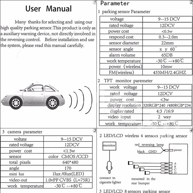 Parking Sensor With 4 Sensors Reverse Backup Car Parking Radar Alarm System Kit