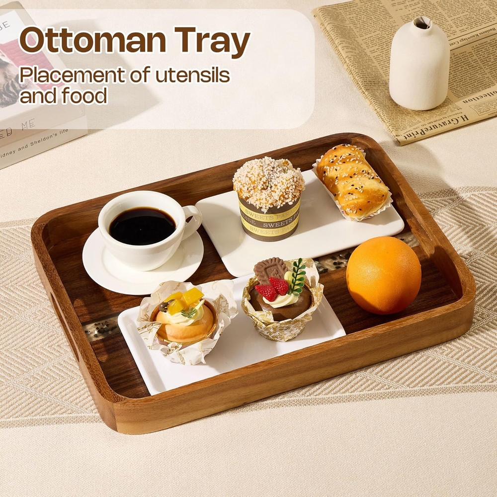 Acacia Wood Serving Tray with Handles - Rectangular Decorative Ottoman Tray for
