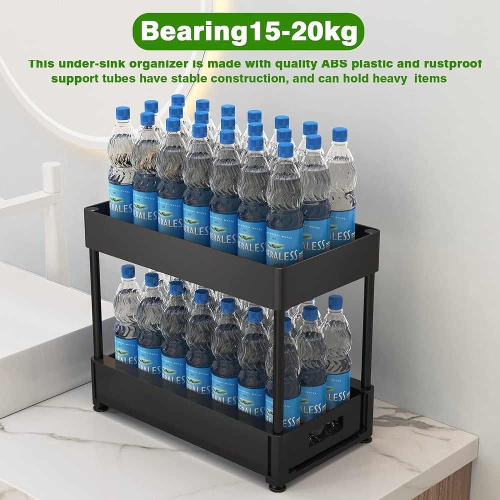 Under Sink Organizers and Storage, 2 Pack Pull Out Cabinet Organizer with Hooks