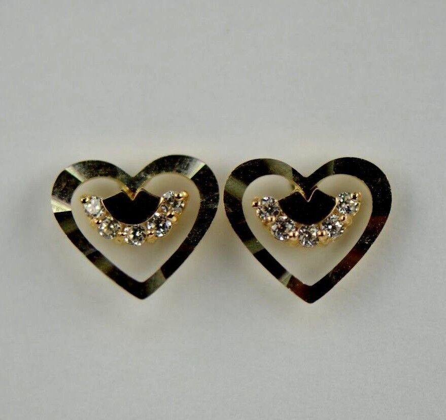 14k Solid Yellow or White Gold Heart Shape CZ Stud Earrings