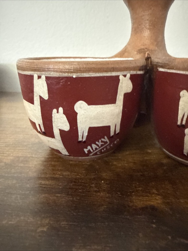 Vintage Maky Cusco Peruvian Llama Hand Painted Small Triple Bowl W/handle Signed