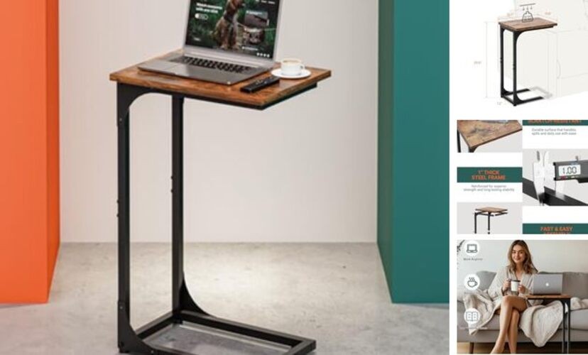 C-Shaped Side Table for Couch - Small 1-Pack Rustic Brown Without Power Outlets