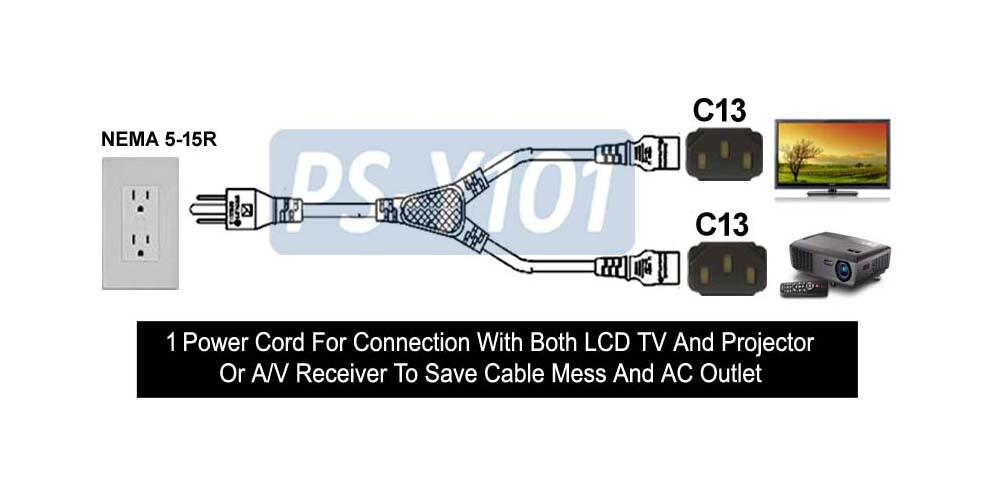 6FT 1 AC Plug To 2 Computer Style C13 Split Cord For PC Printer LCD TV Projector