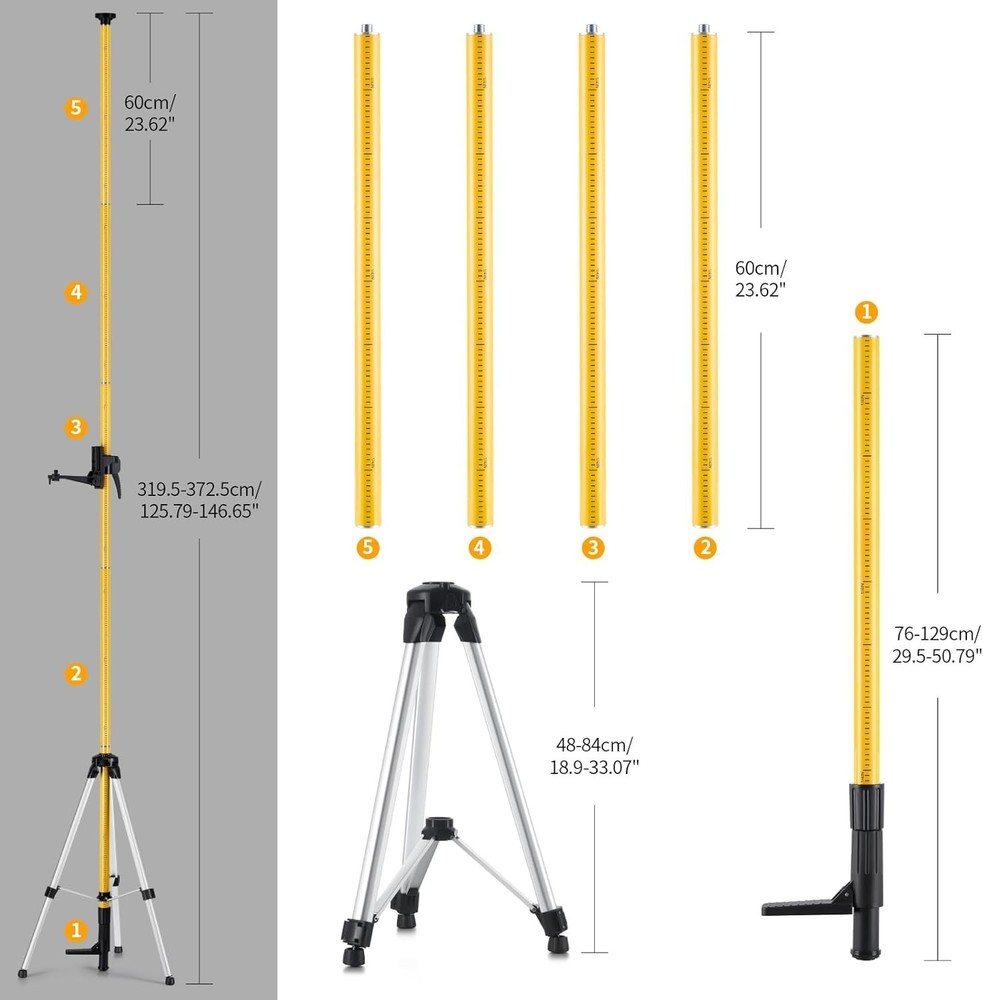 Adjustable 12ft Telescoping Laser Pole & Tripod for Rotary Line Lasers