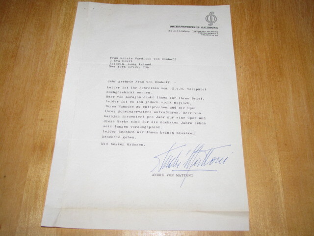 1970 Austrian Actor ANDRE VON MATTONI Typed & Signed Letter