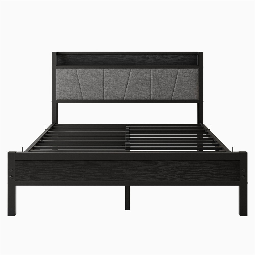 Queen Size Bed Frame Metal Platform Bed w/ Storage Headboard & Charging Station